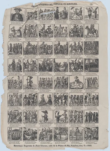 Broadside with 48 scenes relating to the carnival in Barcelona by José Noguera, print, 1862