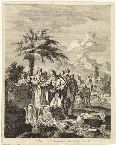 Elisa strooit zout in de bron van Jericho by Jan Luyken, print, 1708