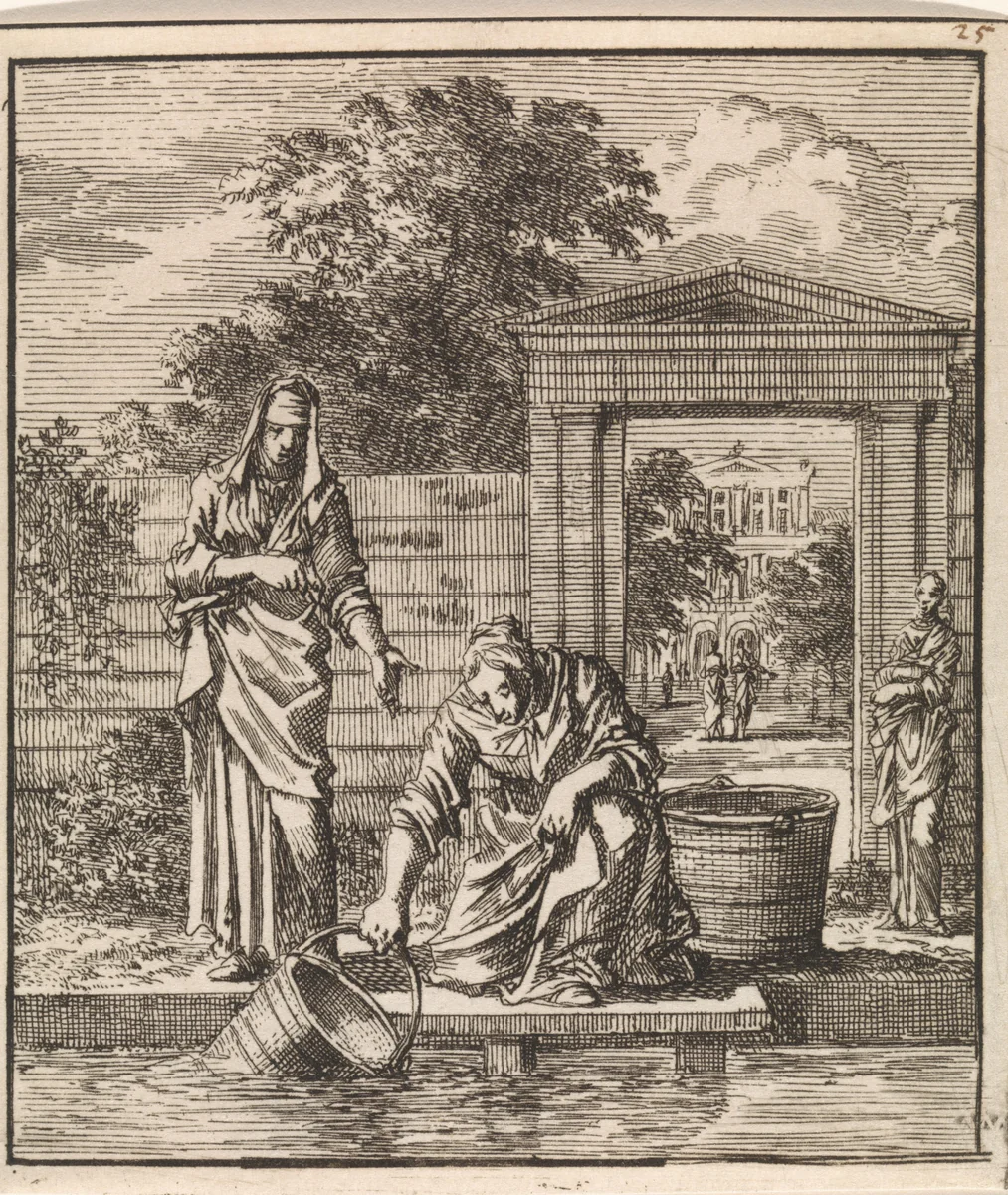 Op een steiger vult een vrouw een emmer met water by Jan Luyken, print, 1711
