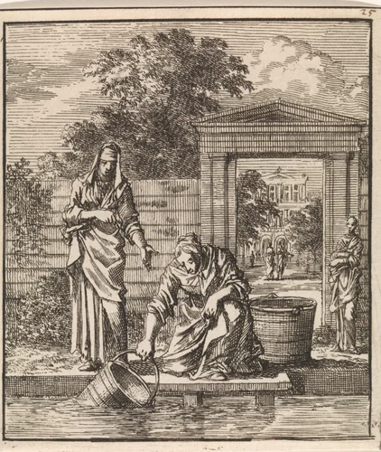 Op een steiger vult een vrouw een emmer met water by Jan Luyken, print, 1711