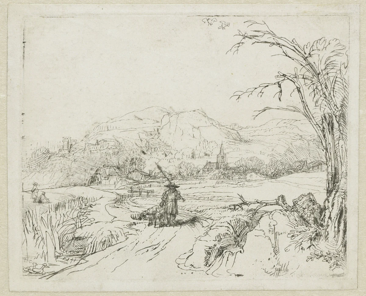 Landscape with sportsman and dogs by Rembrandt van Rijn, print, 1648