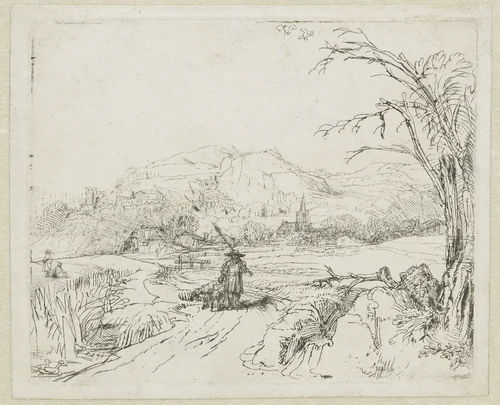 Landscape with sportsman and dogs by Rembrandt van Rijn, print, 1648