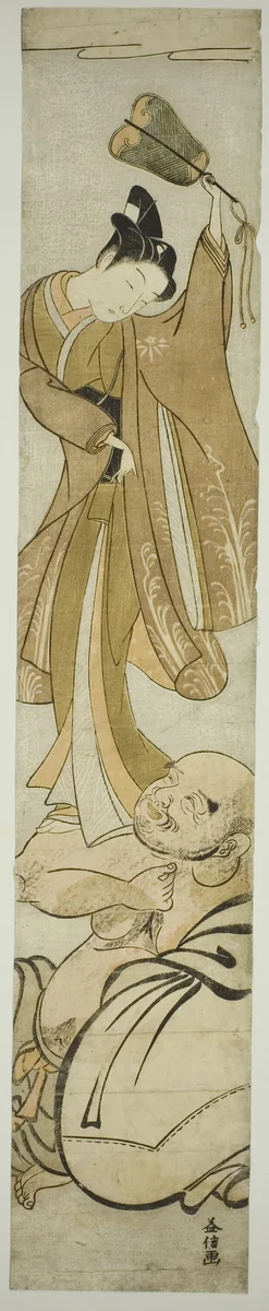 Hotei Balances a Young Man on His Arm by Masunobu, print, 1765-1779