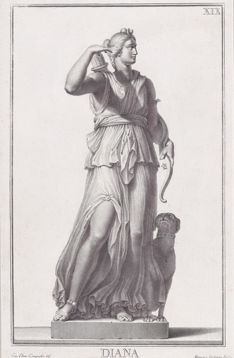 Plate XIX (19): Diana, from "Museum Florentinum" (Statuae antiquae dorum et virorum illustrium) by Genaro Gutiérrez, print, 1734