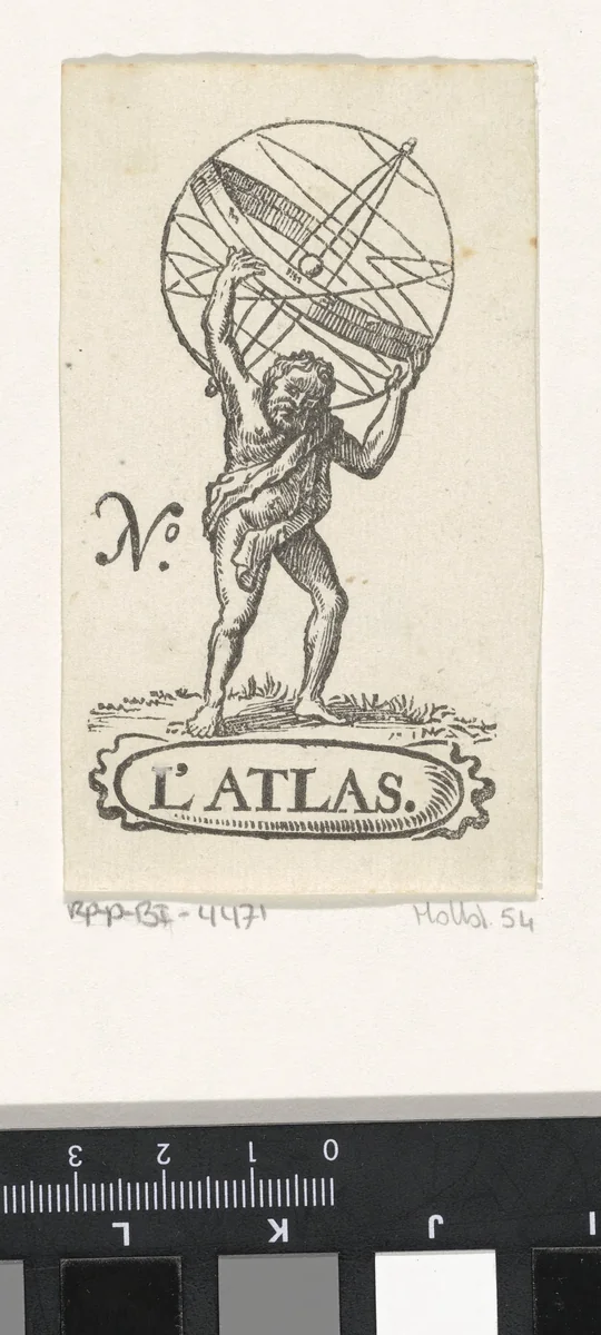 Handelsetiket met Atlas die de wereld op zijn schouders draagt by Isaac Vincentsz. van der Vinne, print, 1681-1740