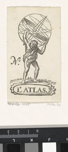 Handelsetiket met Atlas die de wereld op zijn schouders draagt by Isaac Vincentsz. van der Vinne, print, 1681-1740