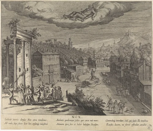 Allegorie op de nacht met personificatie van Nox (de nacht) by Egbert van Panderen, print, 1590-1637