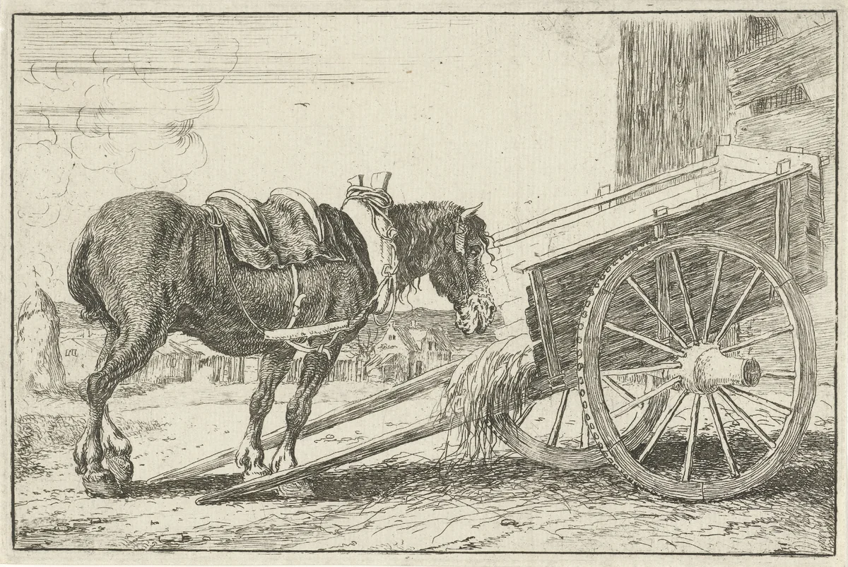 Paard bij een kar by Jan van den Hecke, print, 1656