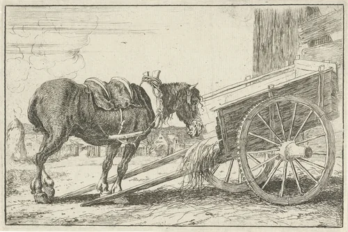 Paard bij een kar by Jan van den Hecke, print, 1656
