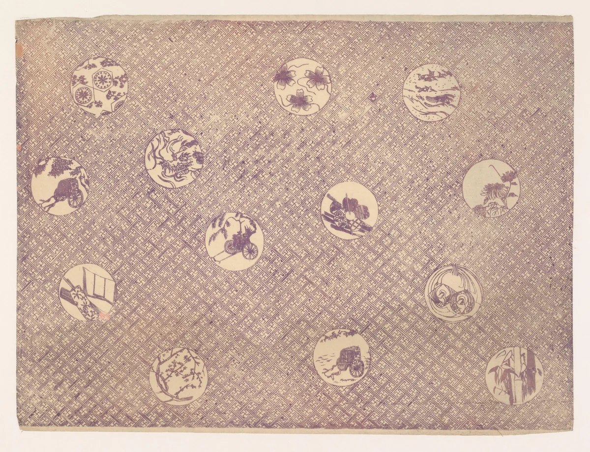 Ronde vensters met verschillende motieven in uitgespaarde ovalen in een diagonaal geometrisch patroon by anonymous, other, 1860-1930