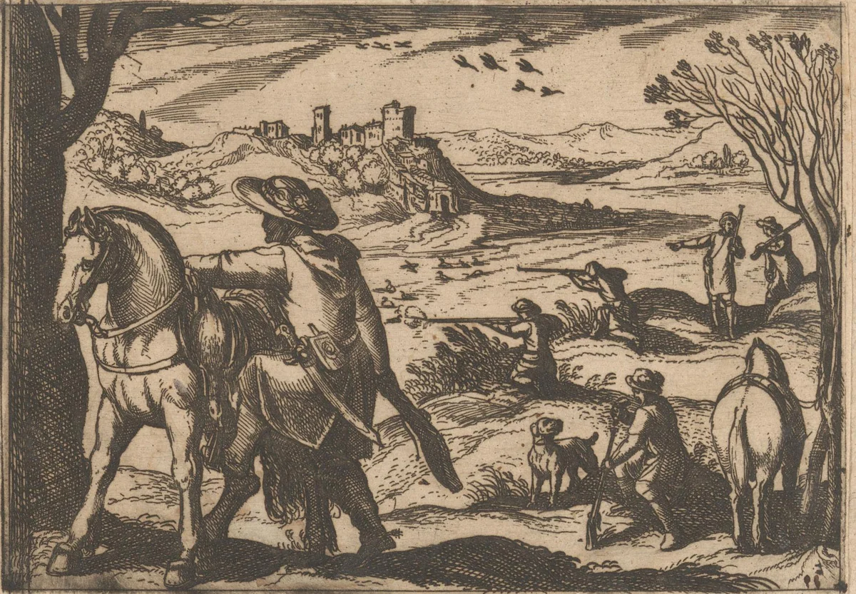 Jagers op vogels schietend by Antonio Tempesta, print, 1598