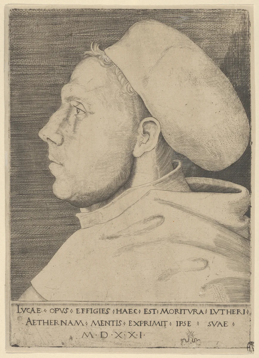 Luther as an Augustinian Friar, with Cap by Lucas Cranach, print, 1521