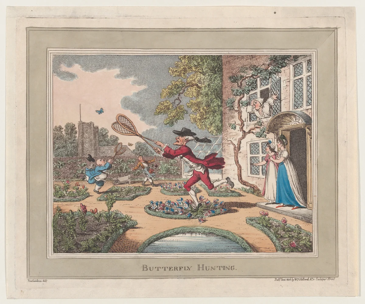 Butterfly Hunting by Thomas Rowlandson, print, 1806