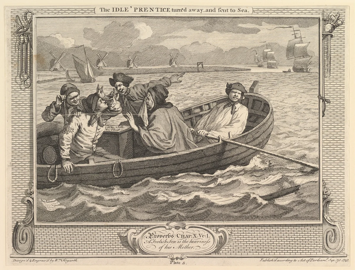 The Idle 'Prentice Turned Away and Sent to Sea: Industry and Idleness, plate 5 by William Hogarth, print, 1747