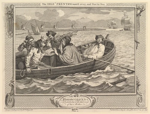 The Idle 'Prentice Turned Away and Sent to Sea: Industry and Idleness, plate 5 by William Hogarth, print, 1747