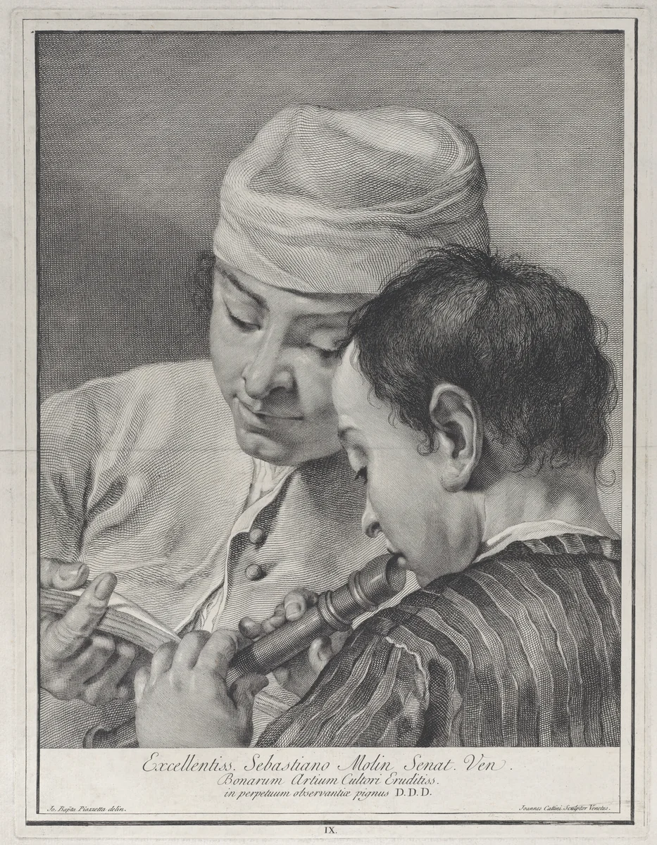 Plate 9: A youth playing the recorder while a man to the left holds up a music book; from 'Icones ad vivum expressae' after Giovanni Battista Piazzetta by Giovanni Cattini, print, 1743