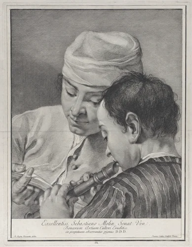 Plate 9: A youth playing the recorder while a man to the left holds up a music book; from 'Icones ad vivum expressae' after Giovanni Battista Piazzetta by Giovanni Cattini, print, 1743