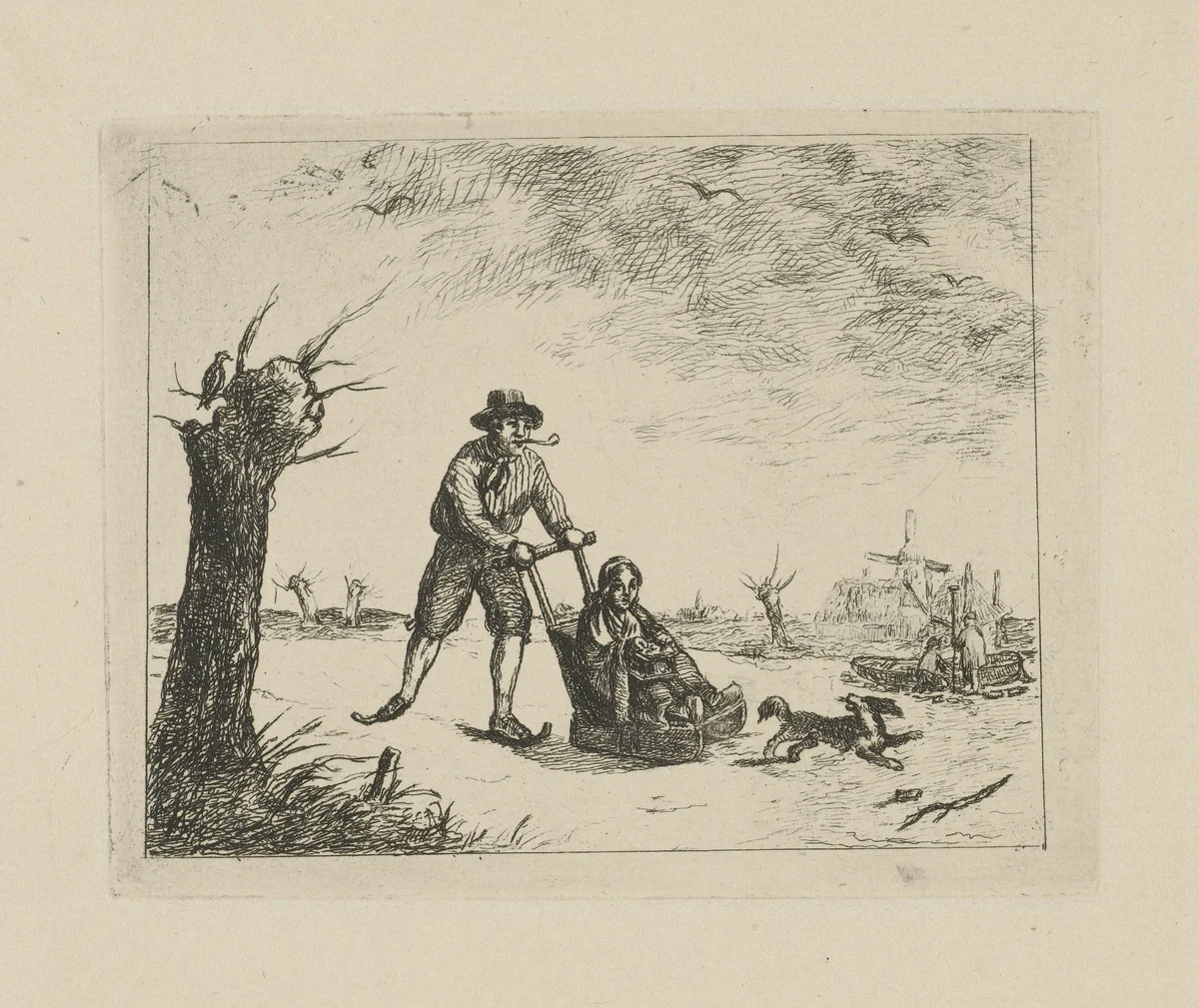 Winterlandschap met schaatser by David van der Kellen, print, 1814-1879