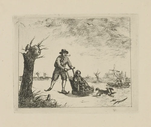 Winterlandschap met schaatser by David van der Kellen, print, 1814-1879