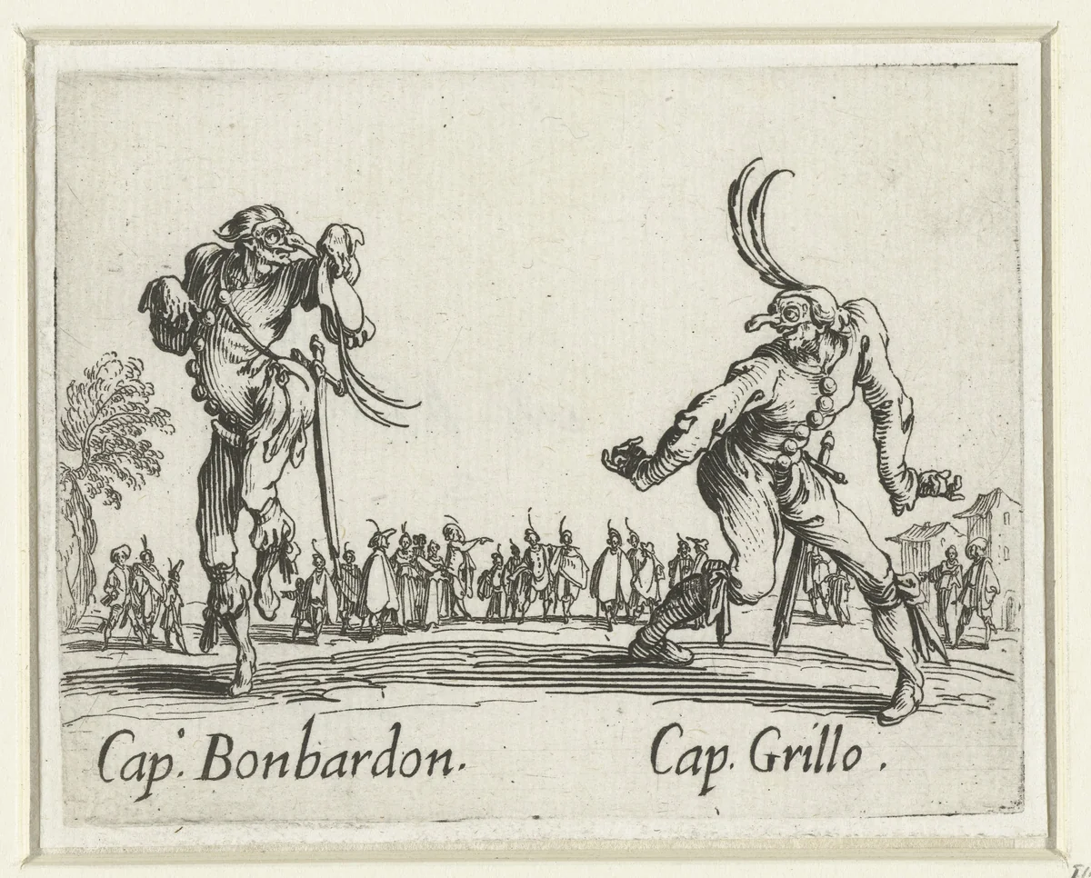 Twee straatartiesten als Capitano Bonbardon en Capitano Grillo by Jacques Callot, print, 1621-1622