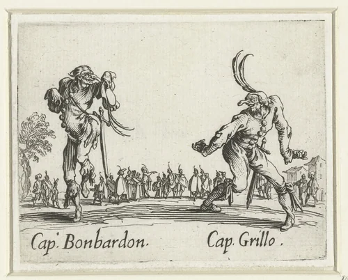 Twee straatartiesten als Capitano Bonbardon en Capitano Grillo by Jacques Callot, print, 1621-1622