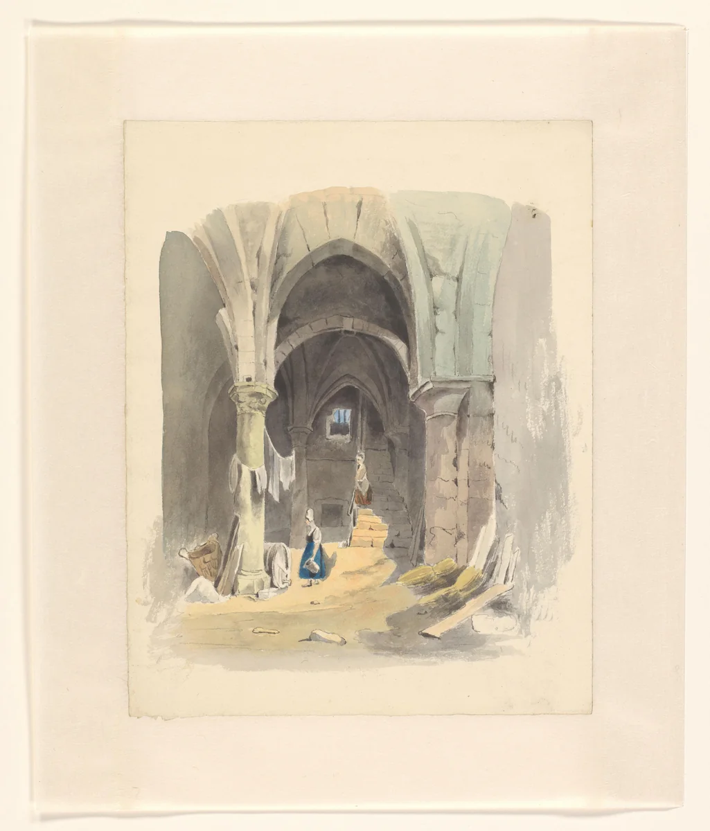 Vrouw bij een wijnvat in een kelder by Johannes van Reijn, drawing, 1800-1900