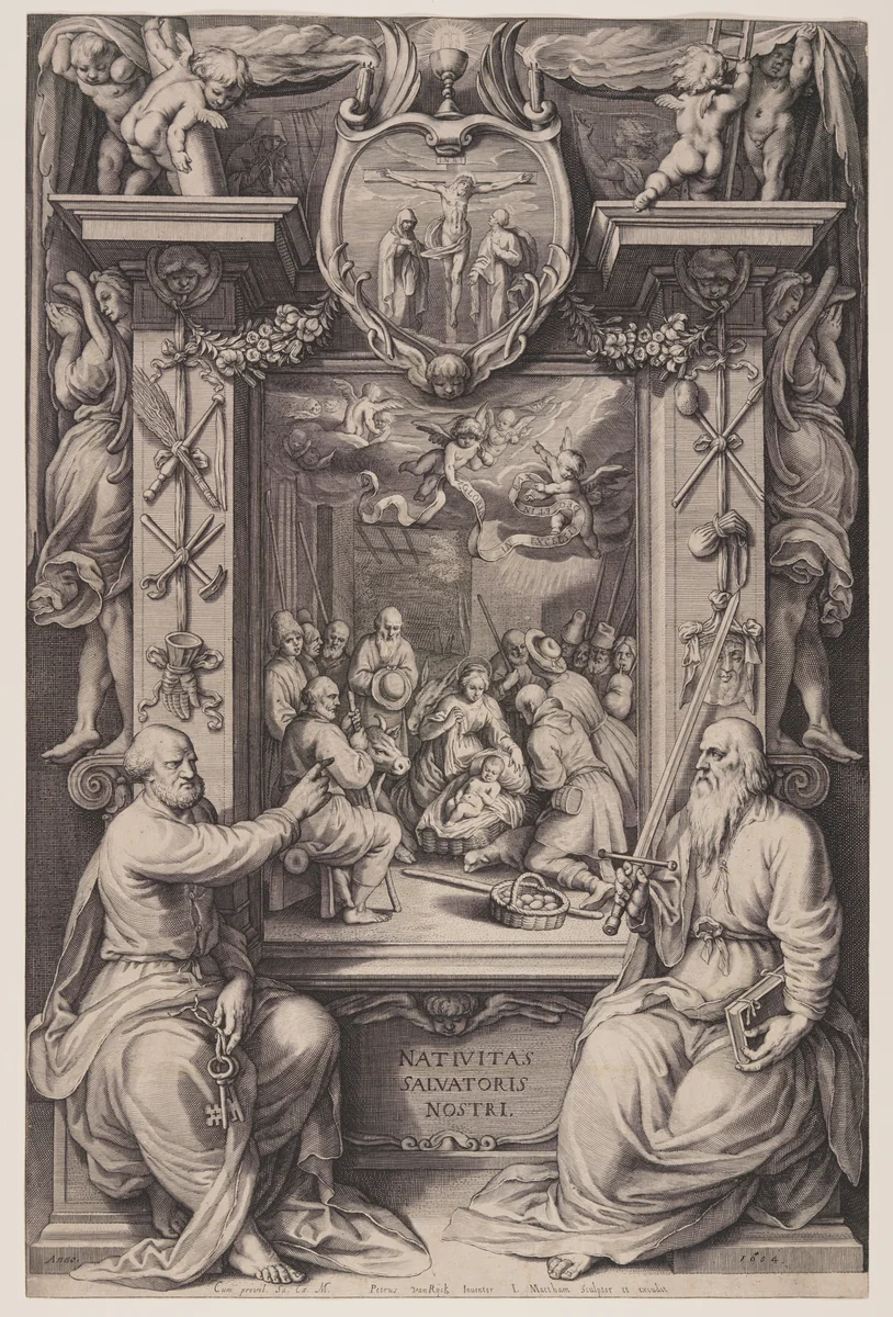 The Adoration of the Shepherds with St Peter and St Paul by Jacob Matham, print, 1604