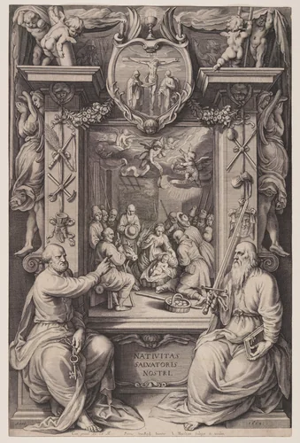 The Adoration of the Shepherds with St Peter and St Paul by Jacob Matham, print, 1604