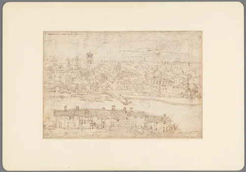 Landschap met gezicht op dorp aan rivier by Gaspard Dughet, drawing, 1625-1675