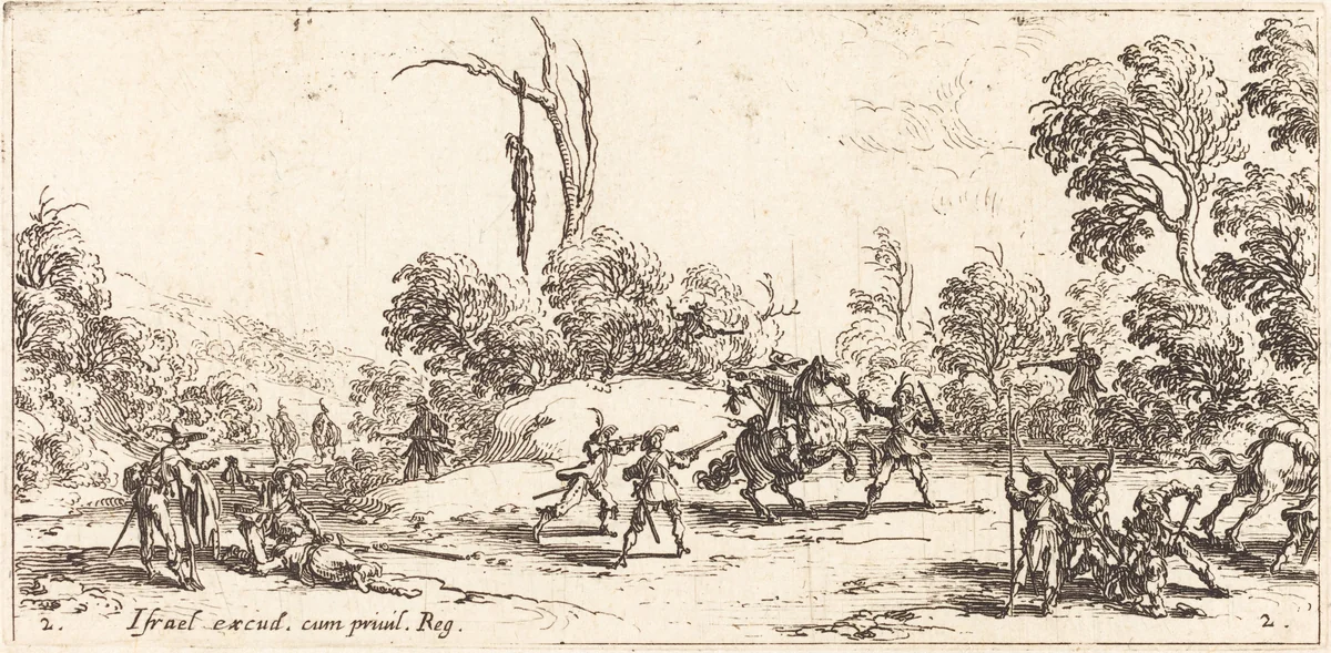 Attacking Travelers on the Highway by Jacques Callot, print, 1633