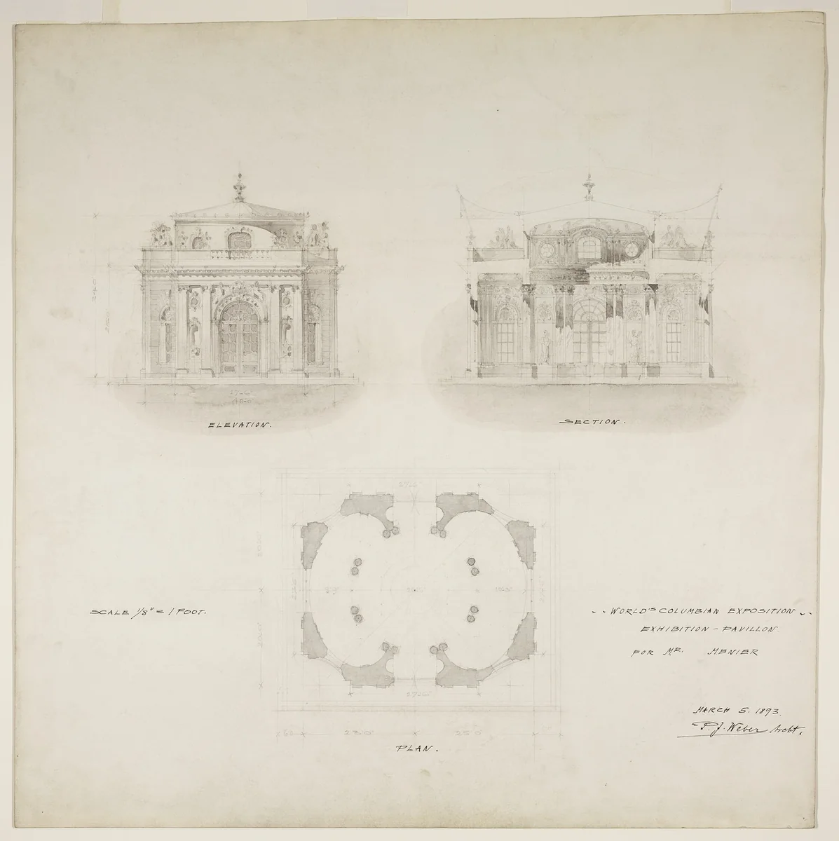 World's Colombian Exposition Chocolate-Menier Pavilion, Chicago, Illinois, Plan, Elevation, and Section by Peter J. Weber, drawing, 1893