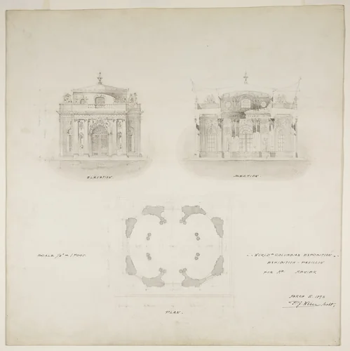 World's Colombian Exposition Chocolate-Menier Pavilion, Chicago, Illinois, Plan, Elevation, and Section by Peter J. Weber, drawing, 1893