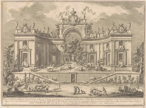 The Prima Macchina for the Chinea of 1766: The Palace of Orpheus by Giuseppe Vasi, print, 1766