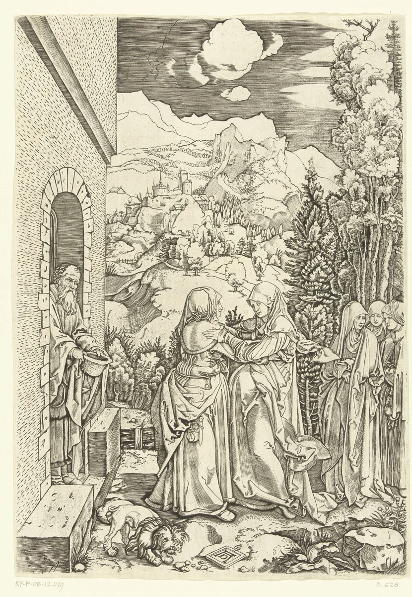 Visitatie van Maria bij Elisabet by Marcantonio Raimondi, print, 1510-1515
