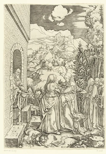 Visitatie van Maria bij Elisabet by Marcantonio Raimondi, print, 1510-1515