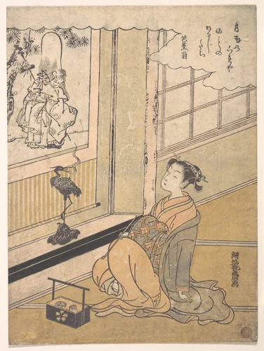 A Young Woman Seated in a Room and Looking at a Kakemono of Fukurokujin by Isoda Koryūsai, print, 1758-1778