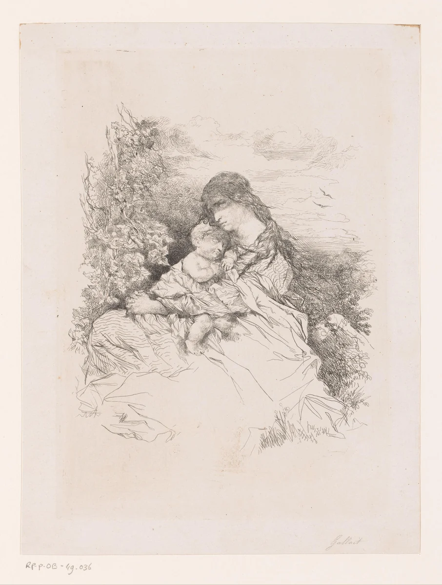 Moeder met kind gezeten in een landschap by Louis Gallait, print, 1850