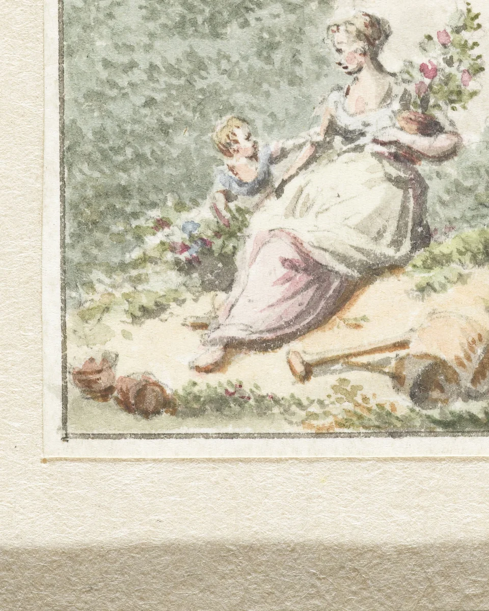 Moeder met kind in tuin by Pieter Bartholomeusz. Barbiers, drawing, 1782-1837