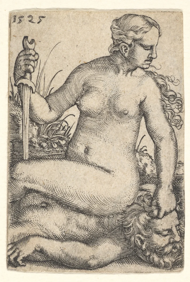Judith, looking towards the right, seated nude atop the dead body of Holofernes, with a sword in her right hand and the head of Holofernes in her left hand by Barthel Beham, print, 1525