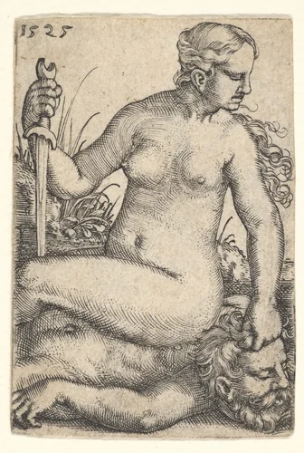 Judith, looking towards the right, seated nude atop the dead body of Holofernes, with a sword in her right hand and the head of Holofernes in her left hand by Barthel Beham, print, 1525