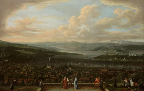 Gezicht op Istanbul vanuit de Nederlandse ambassade in Pera by Jean Baptiste Vanmour, painting, 1720-1737