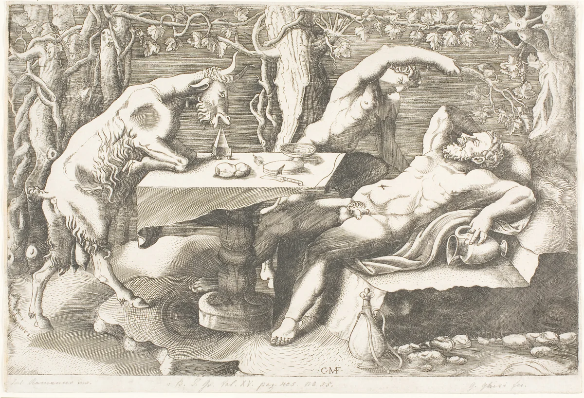 Satyr Trying to Wake Silenus with a Grapevine by Giorgio Ghisi, print, 1535-1545