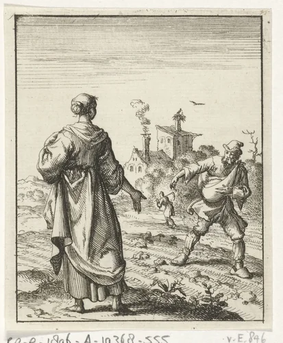 Vrouw aanschouwt een zaaiende boer by Jan Luyken, print, 1687