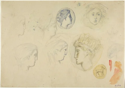Sketches: Profile Heads, Coins or Medals (recto); Trees (verso) by Henri Cros, painting, 1880-1890