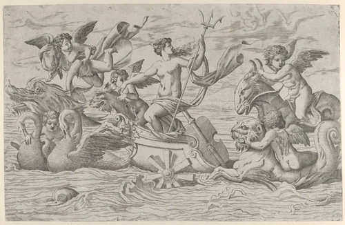 Venus in a Chariot drawn by Two Swans by Master IQV, print, 1540-1550