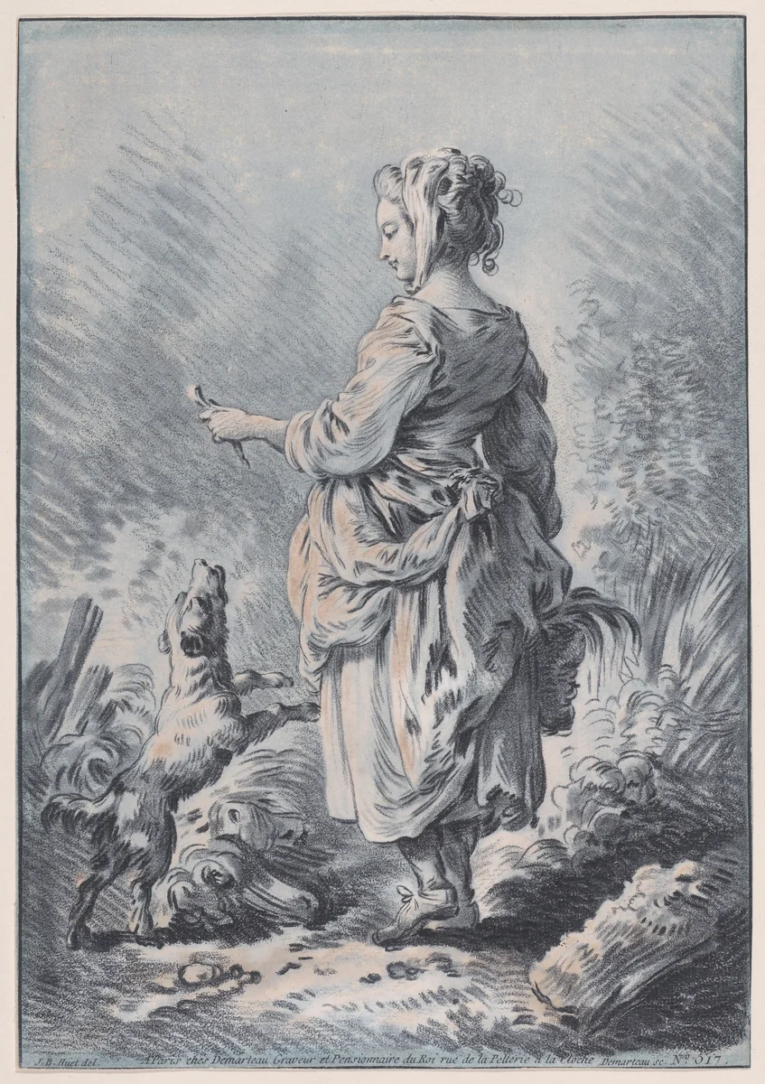 Young Woman with a Dog by Gilles Demarteau, print, 1775