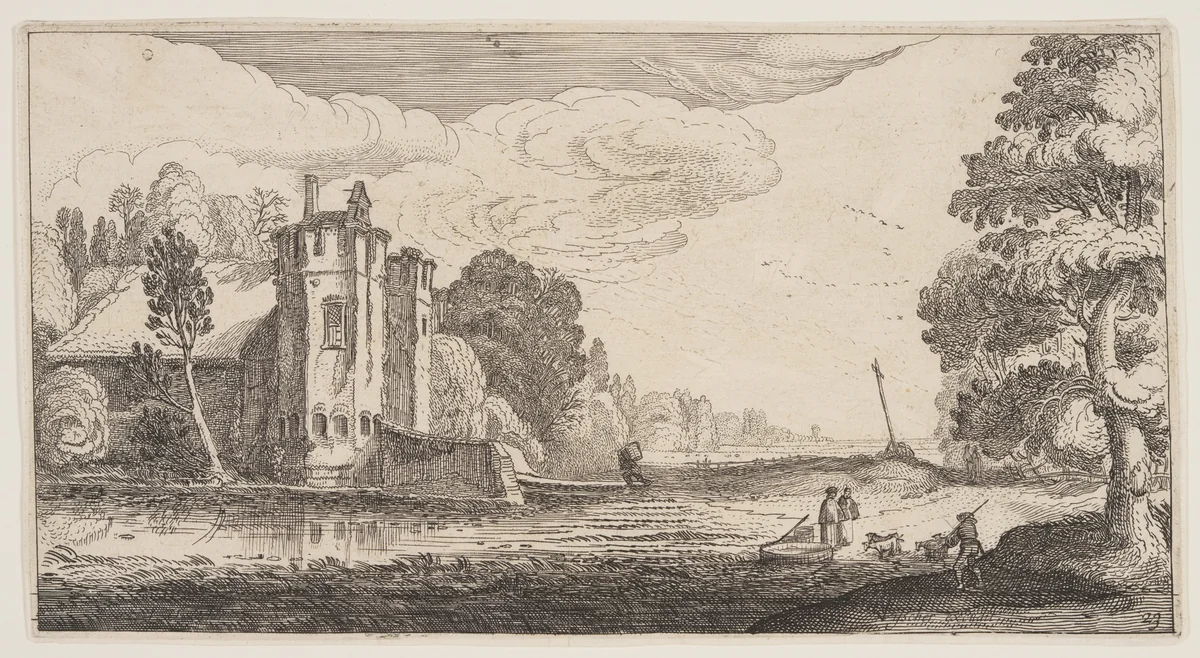 Country House with Two Hexagonal Towers, from Landscapes (Playsante Lantschappen) by Claes Jansz. Visscher II, print, 1641