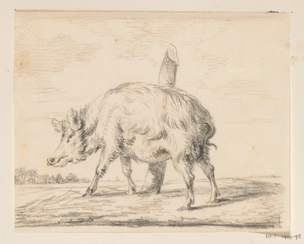 Staand varken, naar links, voor een paal by Jean Bernard, drawing, 1775-1833