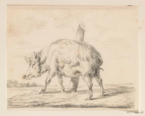 Staand varken, naar links, voor een paal by Jean Bernard, drawing, 1775-1833
