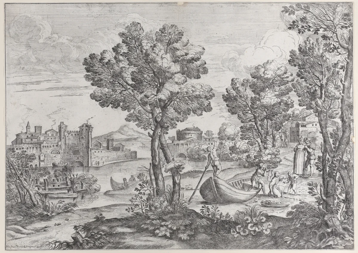 Landscape with a man holding a snake to a terrified child, watched by a fashionably dressed couple on the riverbank at right by Giovanni Francesco Grimaldi, print, 1626-1680
